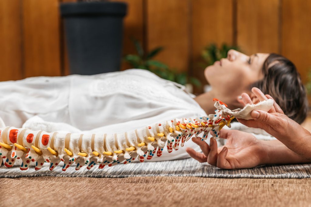 Woman lying down with backbone model.